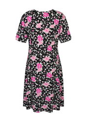 Naisten pinkki kukkamekko joustavasta ja pehmeästä materiaalista, lyhythihainen malli, V-pääntie, rypytetty yksityiskohta ja levenevä helma