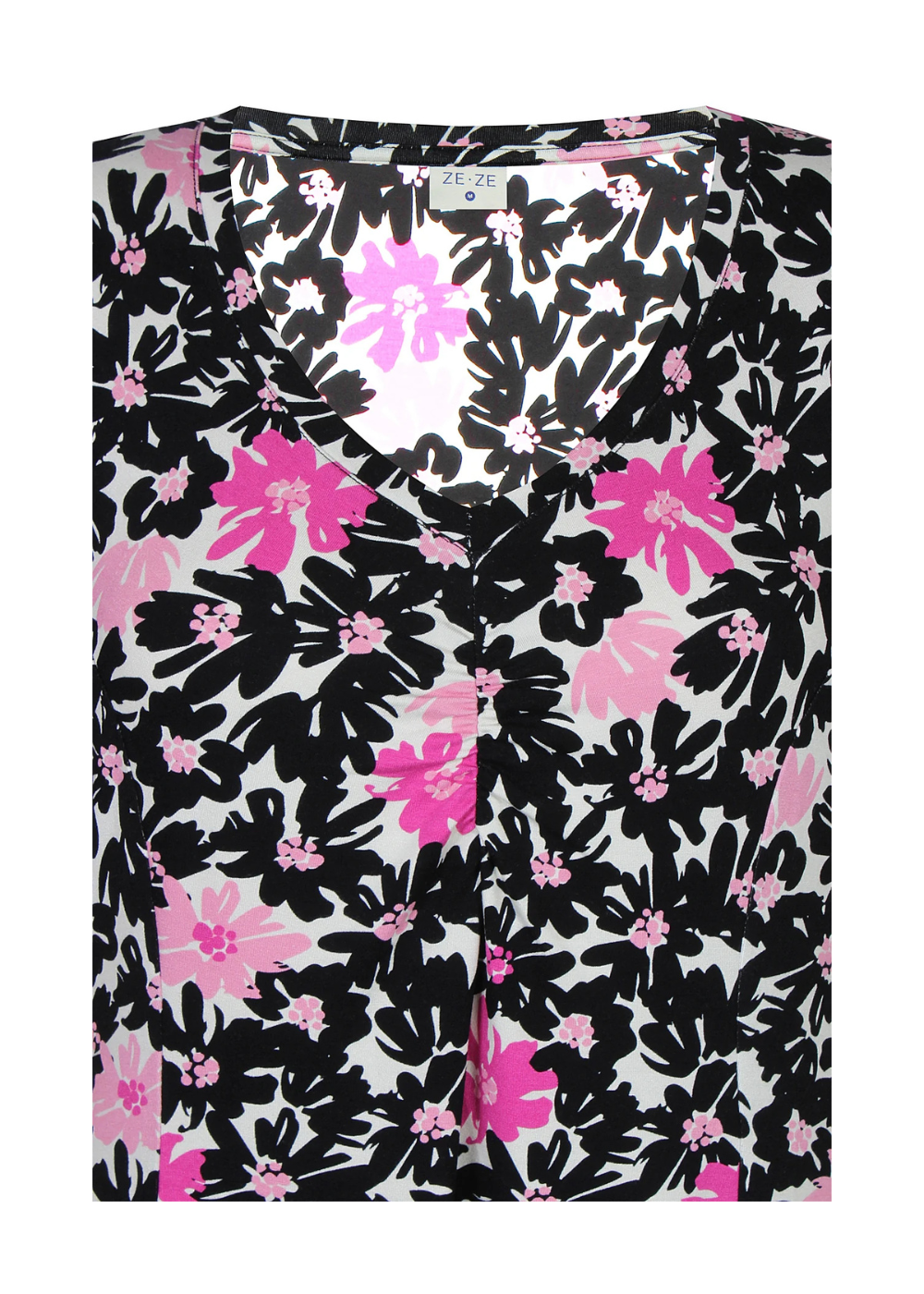 Naisten pinkki kukkamekko joustavasta ja pehmeästä materiaalista, lyhythihainen malli, V-pääntie, rypytetty yksityiskohta ja levenevä helma