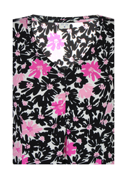 Naisten pinkki kukkamekko joustavasta ja pehmeästä materiaalista, lyhythihainen malli, V-pääntie, rypytetty yksityiskohta ja levenevä helma