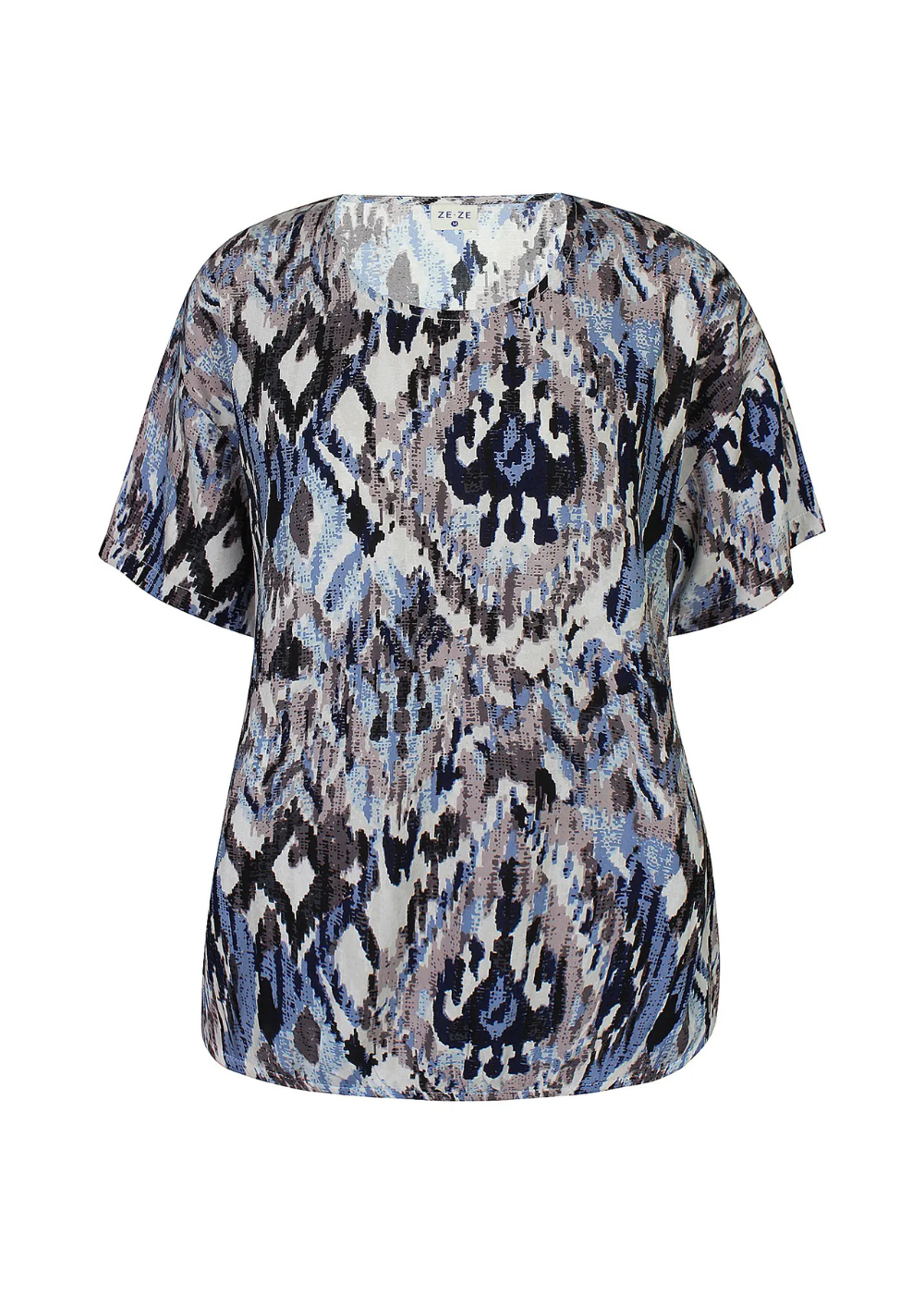 Naisten sininen lyhythihainen pusero kirjavalla kuosilla, ohut materiaali, suora malli, O-pääntie ja pussimainen helma