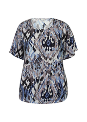 Naisten sininen lyhythihainen pusero kirjavalla kuosilla, ohut materiaali, suora malli, O-pääntie ja pussimainen helma