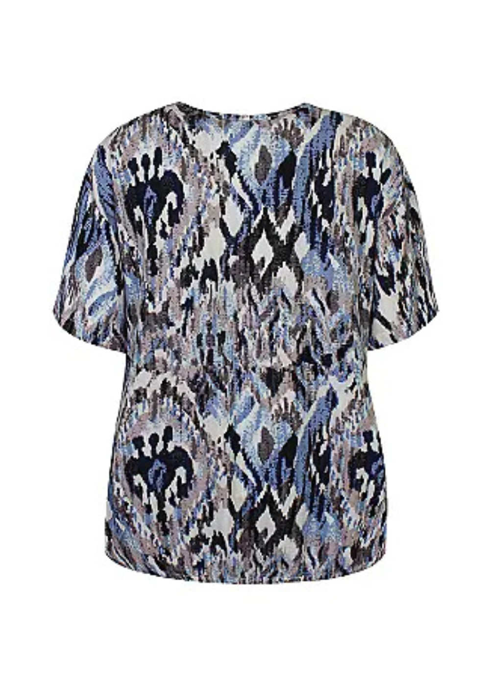 Naisten sininen lyhythihainen pusero kirjavalla kuosilla, ohut materiaali, suora malli, O-pääntie ja pussimainen helma