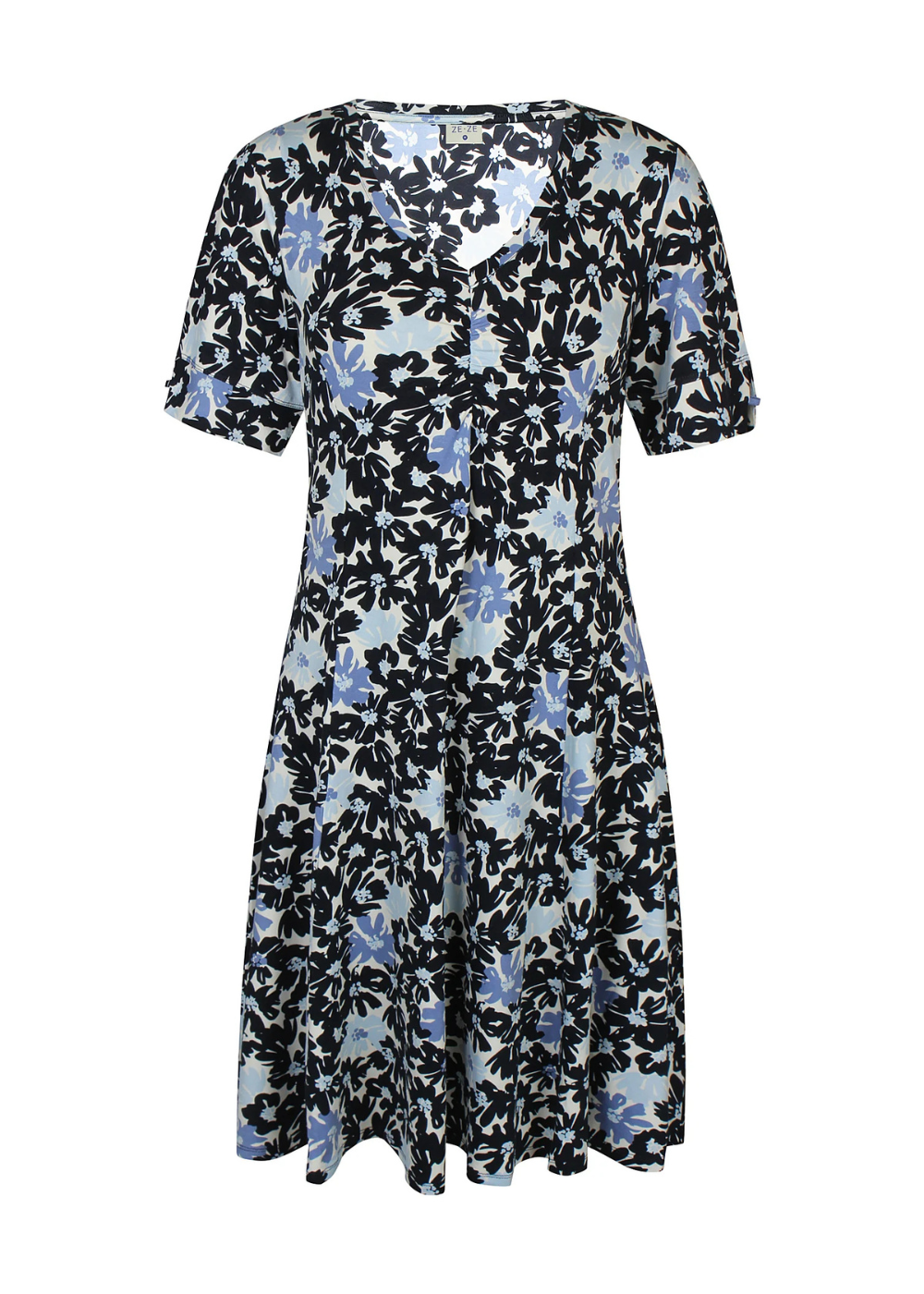 Naisten sininen kukkamekko joustavasta ja pehmeästä materiaalista, lyhythihainen malli, V-pääntie, rypytetty yksityiskohta ja levenevä helma