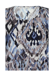 Naisten sininen lyhythihainen pusero kirjavalla kuosilla, ohut materiaali, suora malli, O-pääntie ja pussimainen helma