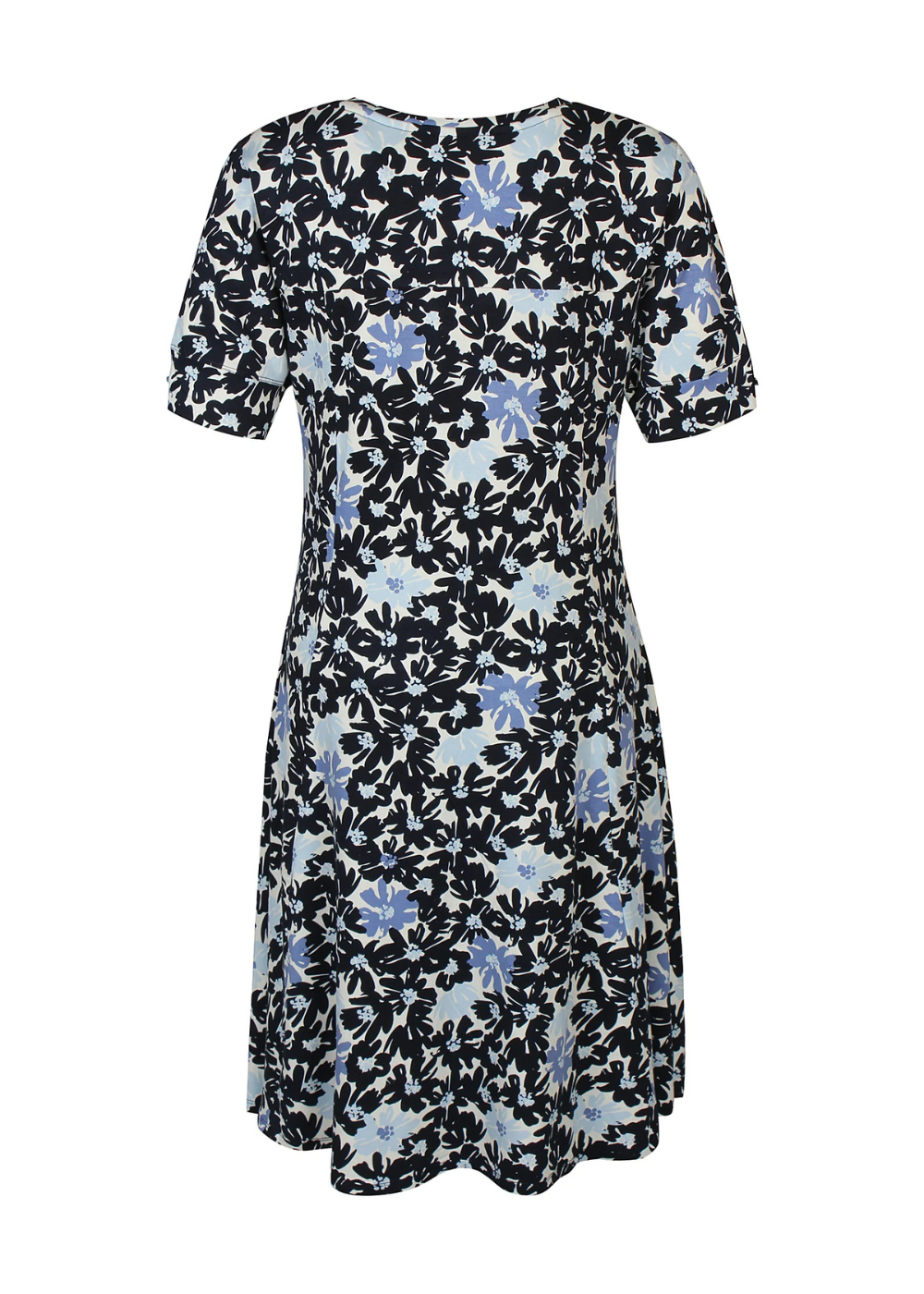 Naisten sininen kukkamekko joustavasta ja pehmeästä materiaalista, lyhythihainen malli, V-pääntie, rypytetty yksityiskohta ja levenevä helma