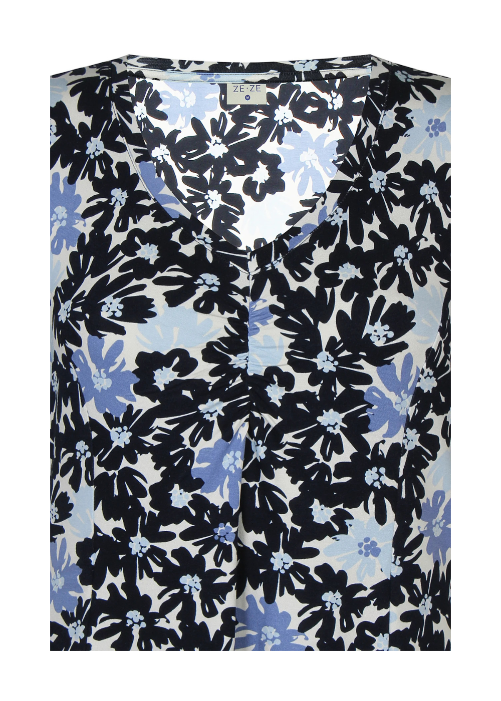 Naisten sininen kukkamekko joustavasta ja pehmeästä materiaalista, lyhythihainen malli, V-pääntie, rypytetty yksityiskohta ja levenevä helma