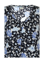 Naisten sininen kukkamekko joustavasta ja pehmeästä materiaalista, lyhythihainen malli, V-pääntie, rypytetty yksityiskohta ja levenevä helma