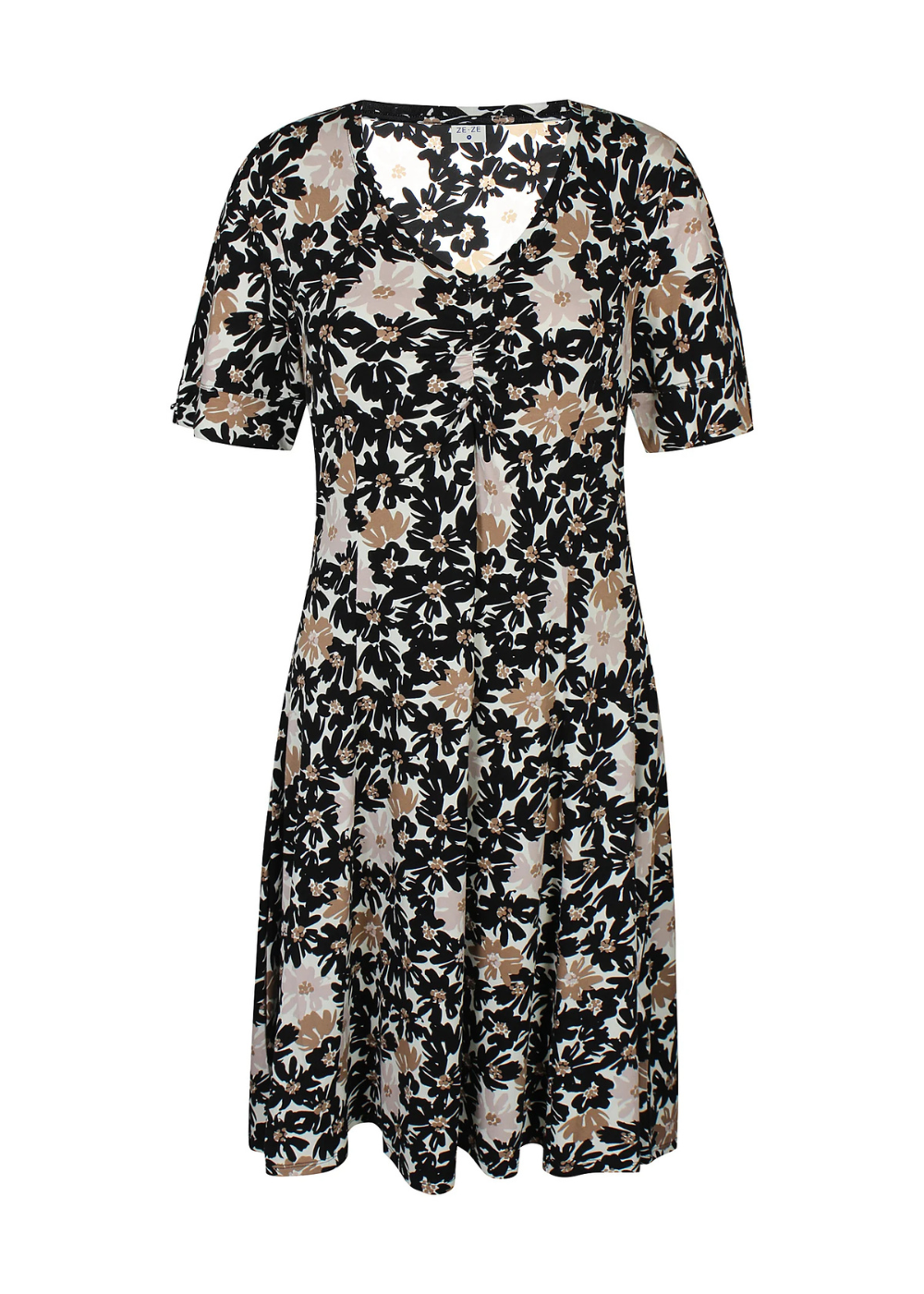 Naisten beige kukkamekko joustavasta ja pehmeästä materiaalista, lyhythihainen malli, V-pääntie, rypytetty yksityiskohta ja levenevä helma