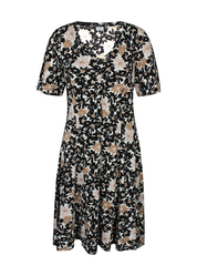 Naisten beige kukkamekko joustavasta ja pehmeästä materiaalista, lyhythihainen malli, V-pääntie, rypytetty yksityiskohta ja levenevä helma