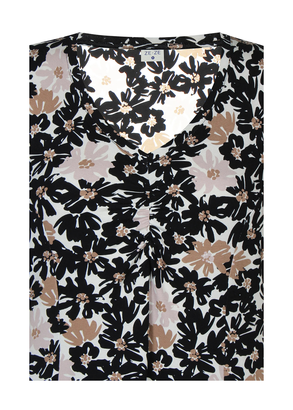 Naisten beige kukkamekko joustavasta ja pehmeästä materiaalista, lyhythihainen malli, V-pääntie, rypytetty yksityiskohta ja levenevä helma