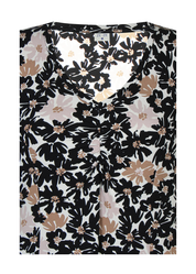 Naisten beige kukkamekko joustavasta ja pehmeästä materiaalista, lyhythihainen malli, V-pääntie, rypytetty yksityiskohta ja levenevä helma