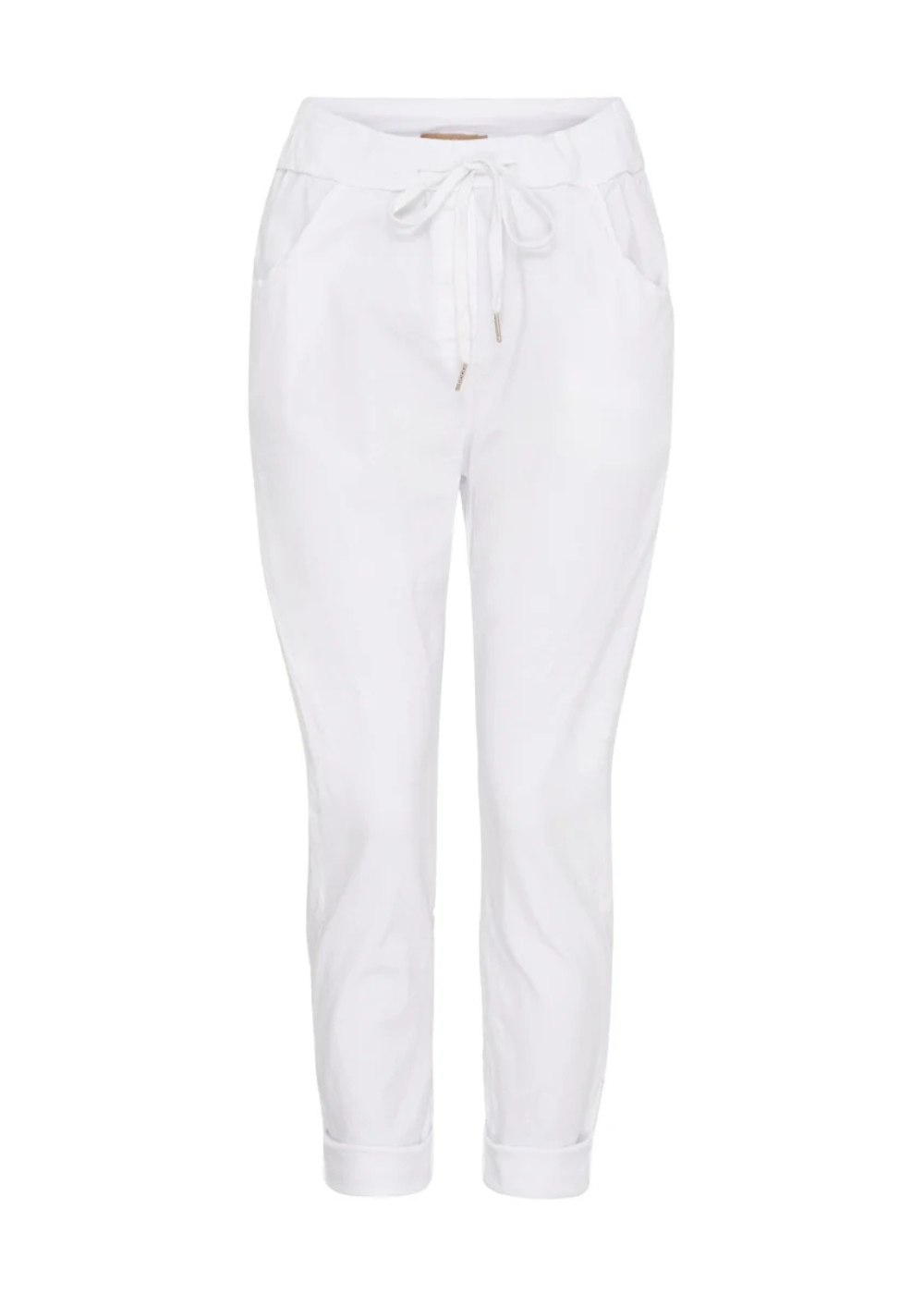 Valkoiset rennot stretch-housut korkealla vyötäröllä, joustava materiaali, kapeneva lahje ja käytännölliset taskut arkeen.