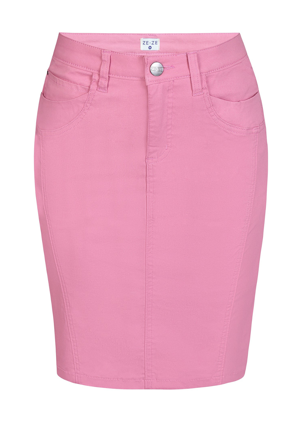 Naisten pinkki housuhame joustavasta materiaalista, kiinteät alushortsit, halkio takana, taskut ja nappi- ja vetoketjukiinnitys