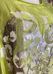 Pitkähihainen paita strassikoristellulla printillä, kevyt etuosa, joustava selkä, laskettu olkalinja ja kiristettävä pussihelma