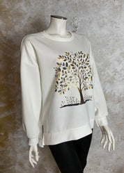 Pehmeä joustava collegepaita, suora malli, strassikoristeltu elämänpuu edessä, halkiot helmassa ja täyspitkät hihat