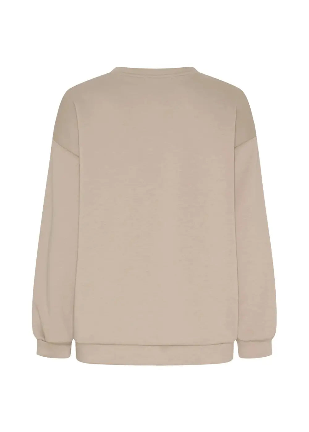 Beige oversized collegepaita printtikuviolla, pehmeä ja joustava materiaali, pitkät hihat ja O-pääntie