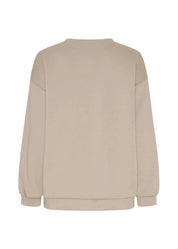Beige oversized collegepaita printtikuviolla, pehmeä ja joustava materiaali, pitkät hihat ja O-pääntie