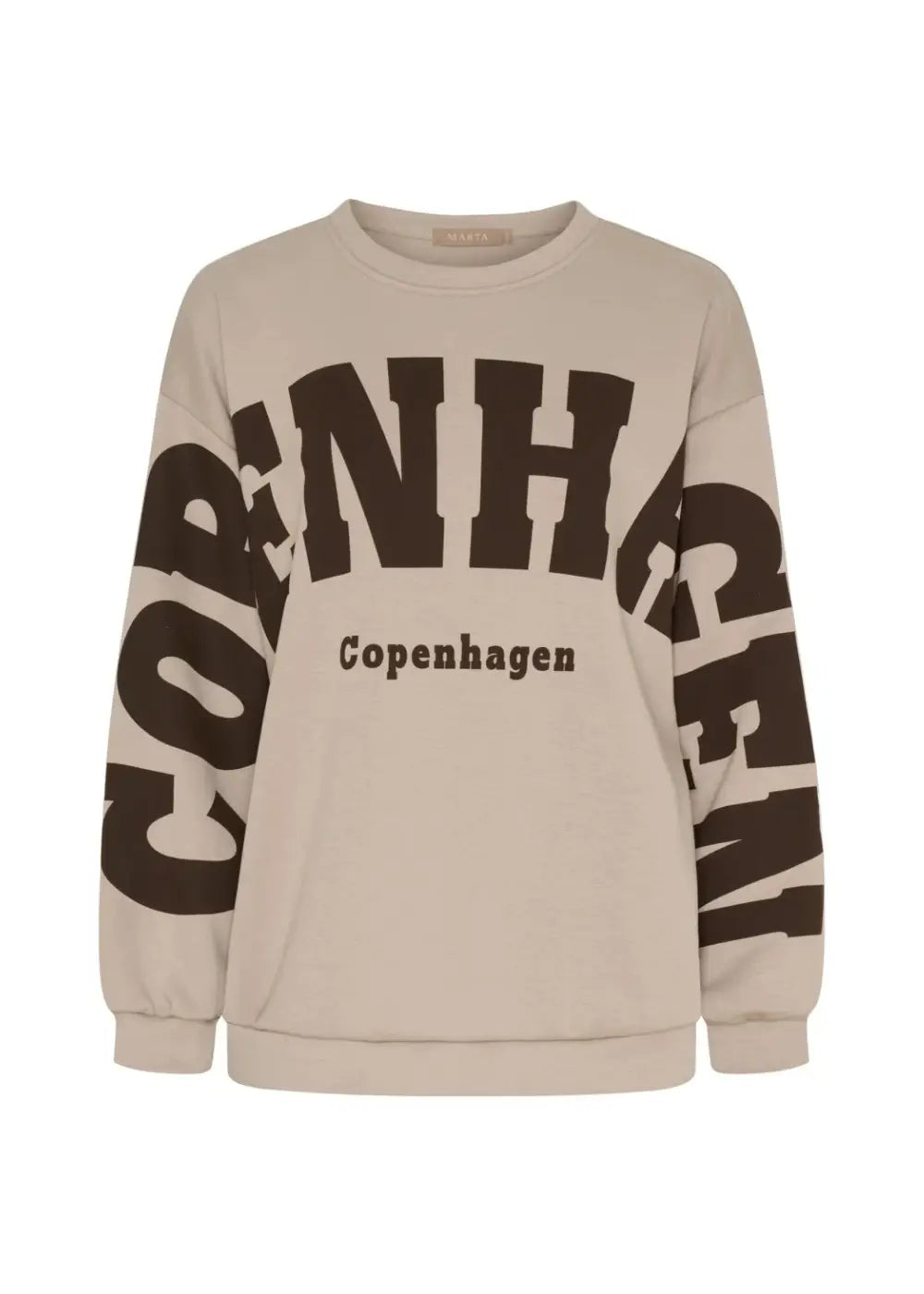 Beige oversized collegepaita printtikuviolla, pehmeä ja joustava materiaali, pitkät hihat ja O-pääntie