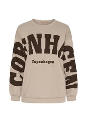Beige oversized collegepaita printtikuviolla, pehmeä ja joustava materiaali, pitkät hihat ja O-pääntie