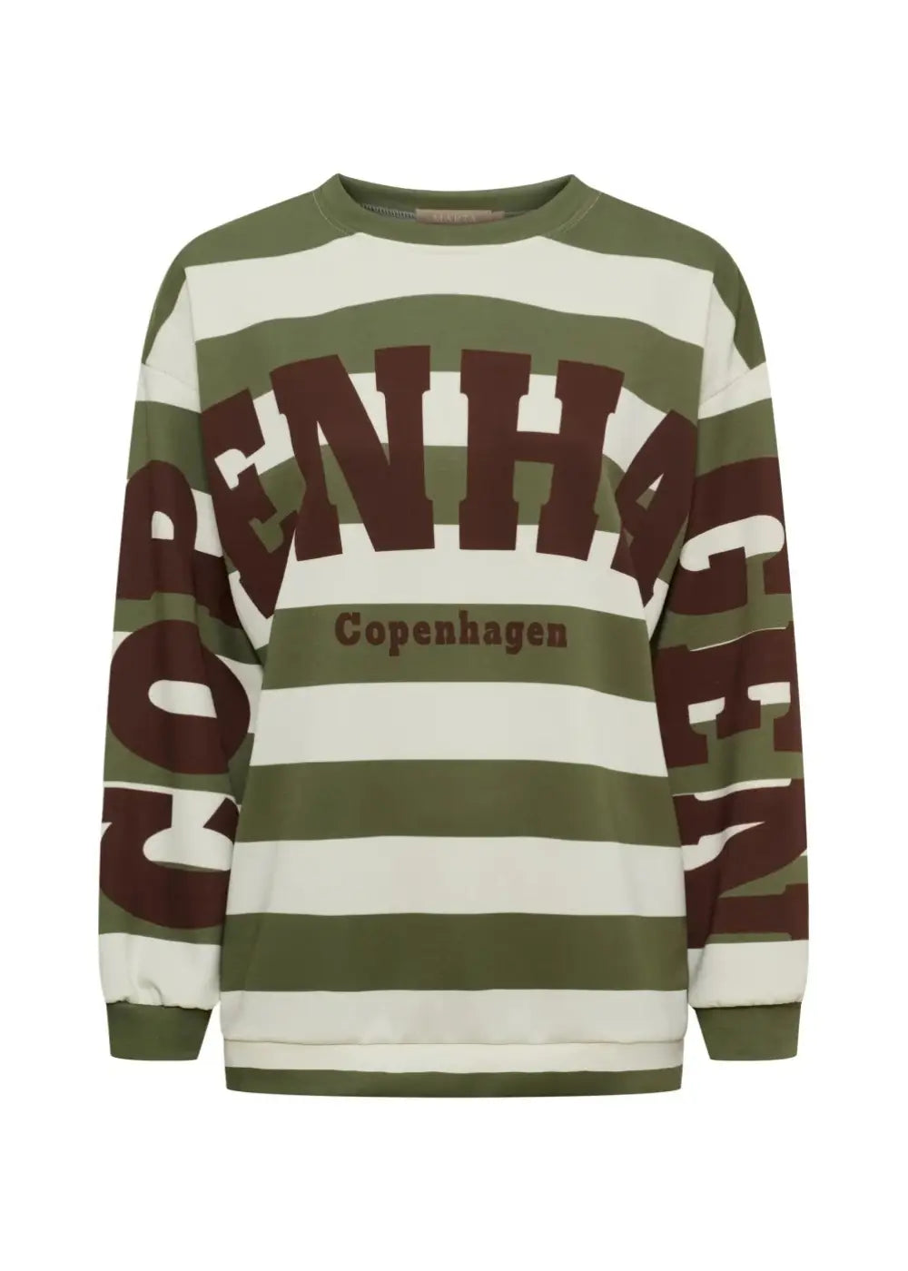 Vihreä raidallinen oversized collegepaita printtikuviolla, pehmeä ja joustava materiaali, pitkät hihat ja O-pääntie