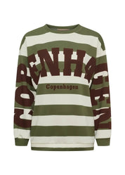Vihreä raidallinen oversized collegepaita printtikuviolla, pehmeä ja joustava materiaali, pitkät hihat ja O-pääntie