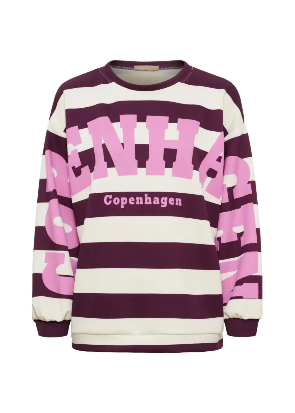 Viininpunainen raidallinen oversized collegepaita printtikuviolla, pehmeä ja joustava materiaali, pitkät hihat ja O-pääntie