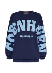 Tummansininen oversized collegepaita printtikuviolla, pehmeä ja joustava materiaali, pitkät hihat ja O-pääntie