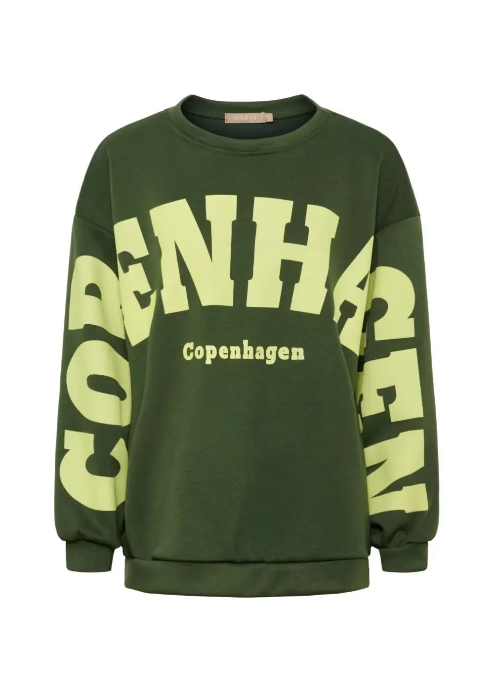 Vihreä oversized collegepaita printtikuviolla, pehmeä ja joustava materiaali, pitkät hihat ja O-pääntie