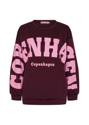Viininpunainen oversized collegepaita printtikuviolla, pehmeä ja joustava materiaali, pitkät hihat ja O-pääntie
