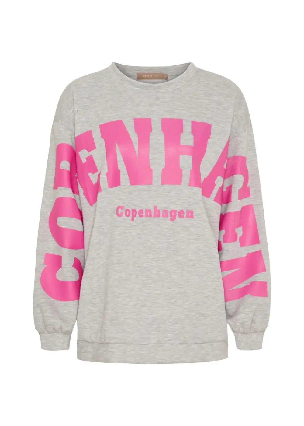Harmaa-pinkki oversized collegepaita printtikuviolla, pehmeä ja joustava materiaali, pitkät hihat ja O-pääntie