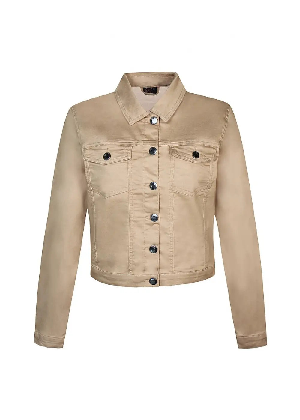 Beige joustava farkkutakki, naisellinen malli, kaulus, nappikiinnitys edessä sekä sivu- ja rintataskut