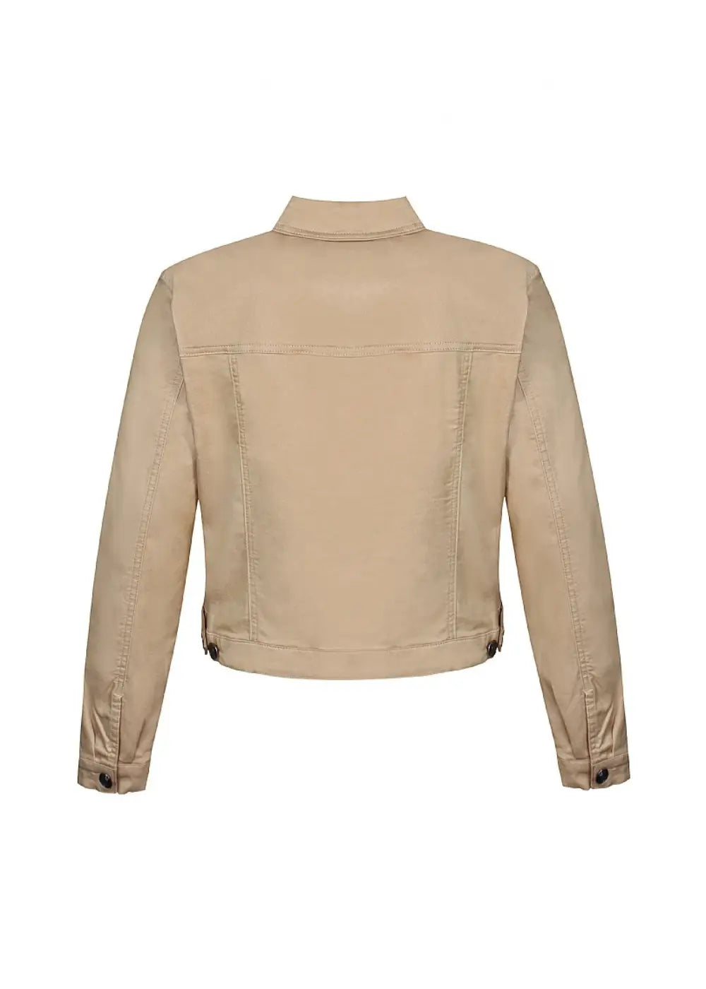 Beige joustava farkkutakki, naisellinen malli, kaulus, nappikiinnitys edessä sekä sivu- ja rintataskut