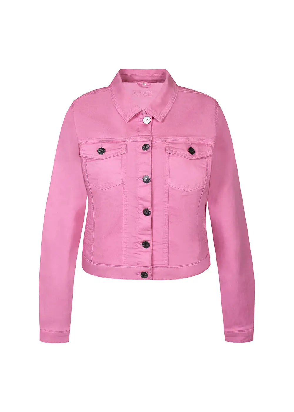 Pinkki joustava farkkutakki, naisellinen malli, kaulus, nappikiinnitys edessä sekä sivu- ja rintataskut