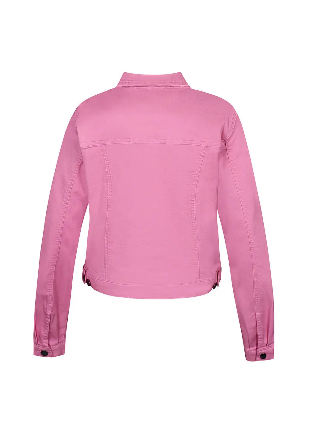 Pinkki joustava farkkutakki, naisellinen malli, kaulus, nappikiinnitys edessä sekä sivu- ja rintataskut