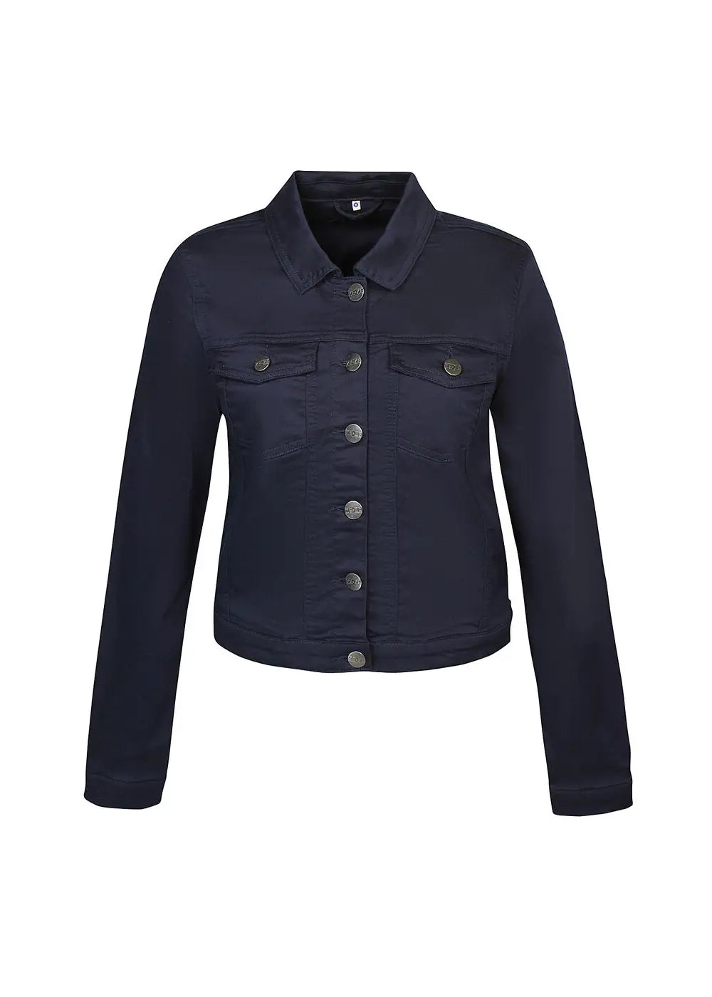 Tummansininen joustava farkkutakki, naisellinen malli, kaulus, nappikiinnitys sekä sivu- ja rintataskut