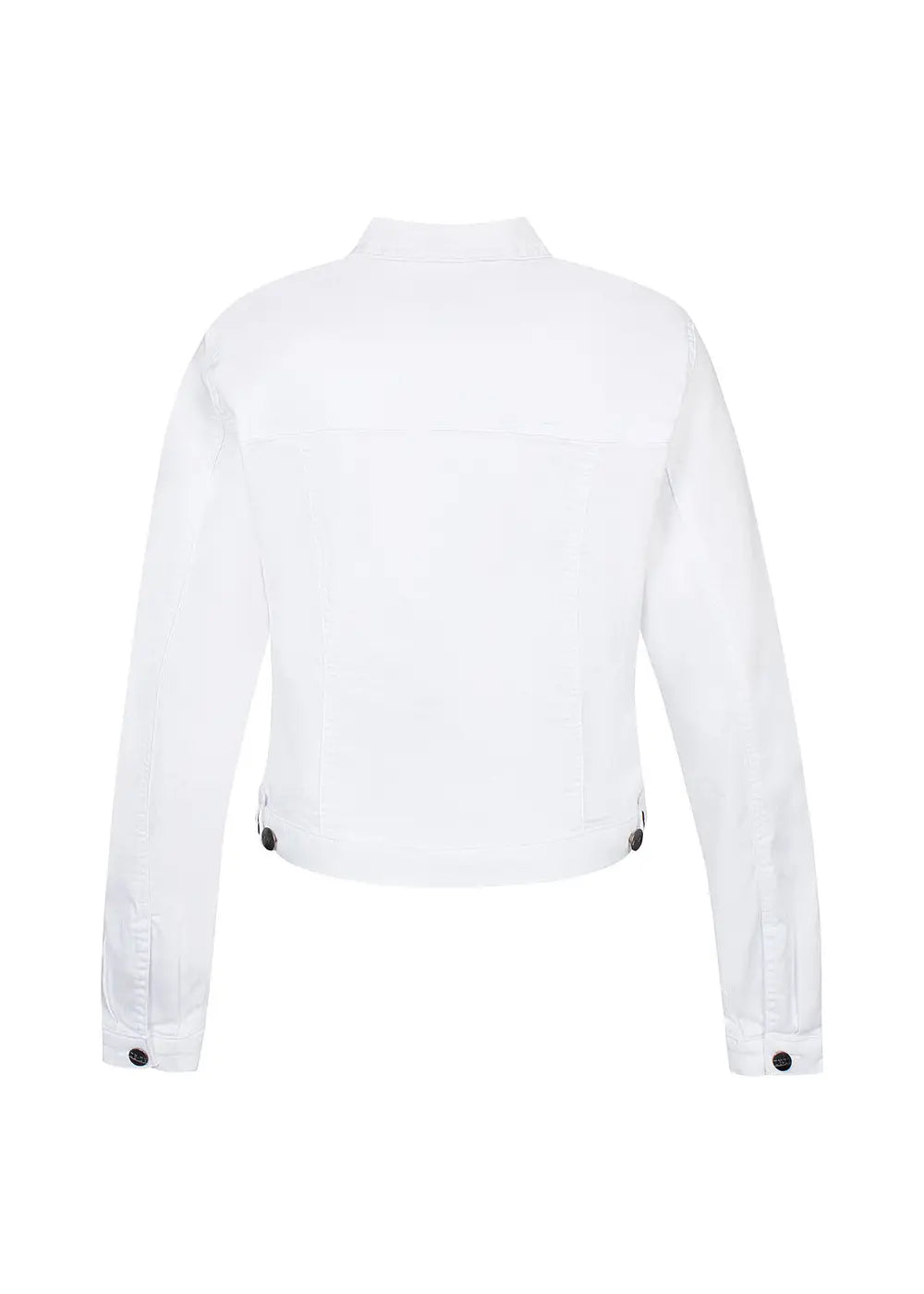 Valkoinen joustava farkkutakki, naisellinen malli, kaulus, nappikiinnitys edessä sekä sivu- ja rintataskut