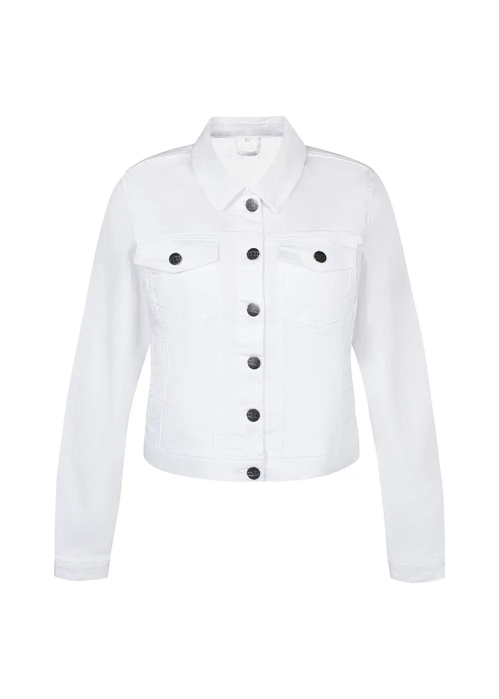 Valkoinen joustava farkkutakki, naisellinen malli, kaulus, nappikiinnitys edessä sekä sivu- ja rintataskut