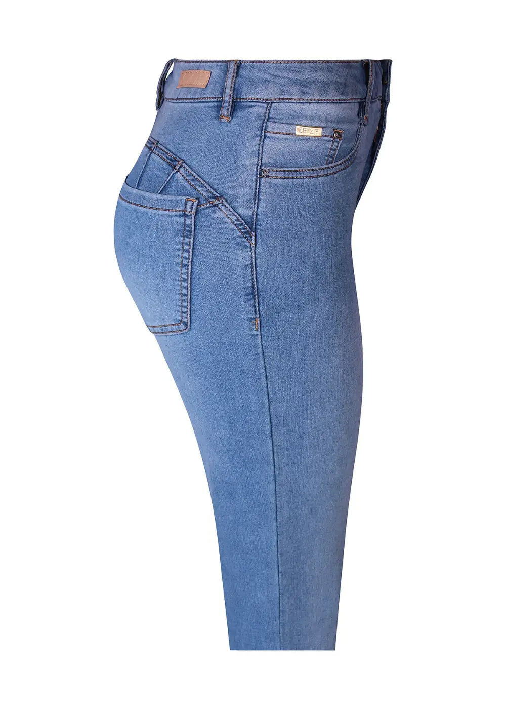 Stretch-farkut pehmeästä ja joustavasta materiaalista, korkea vyötärö, kapeneva lahje, vetoketju ja nappi edessä sekä taskut edessä ja takana