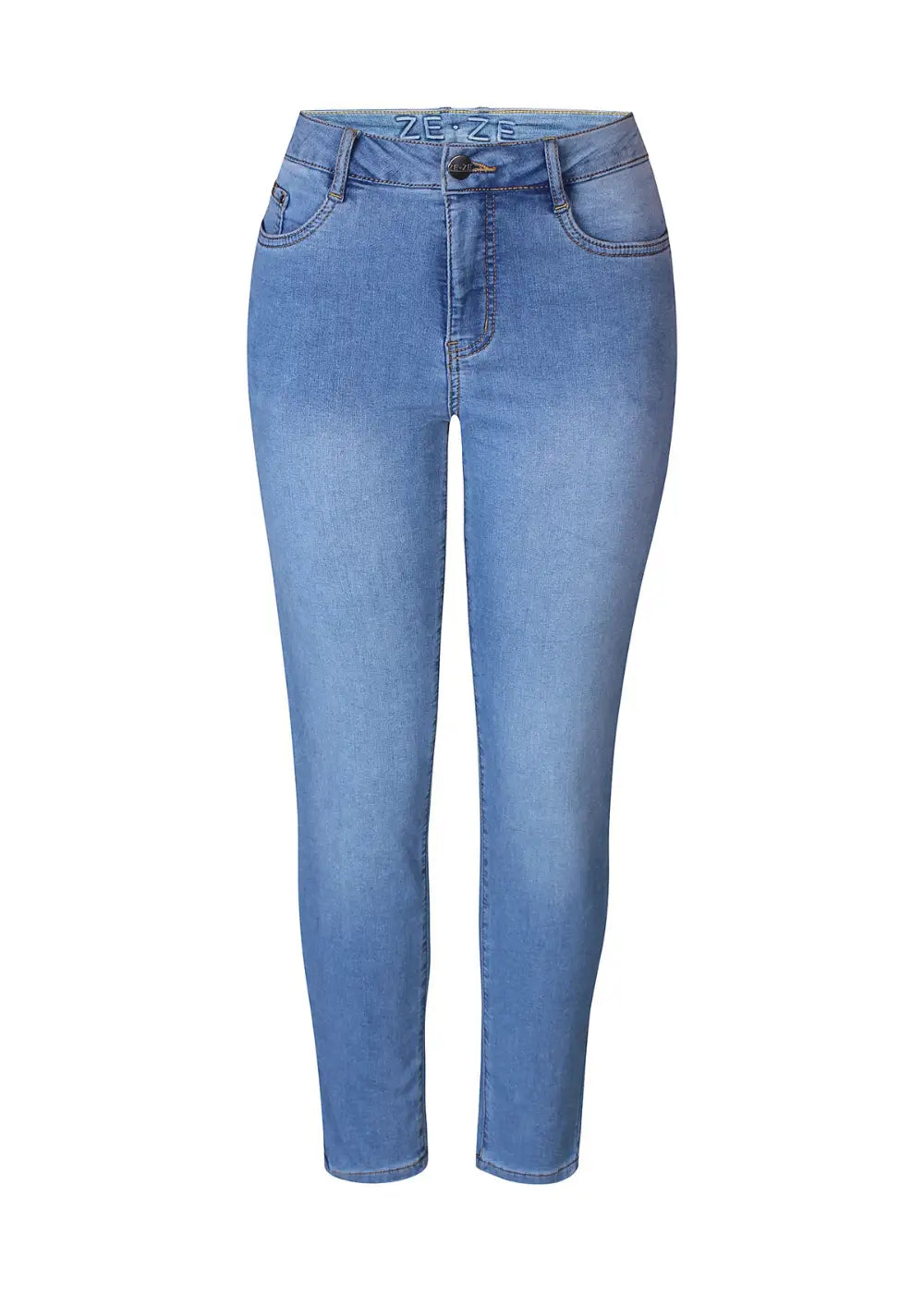 Stretch-farkut pehmeästä ja joustavasta materiaalista, korkea vyötärö, kapeneva lahje, vetoketju ja nappi edessä sekä taskut edessä ja takana