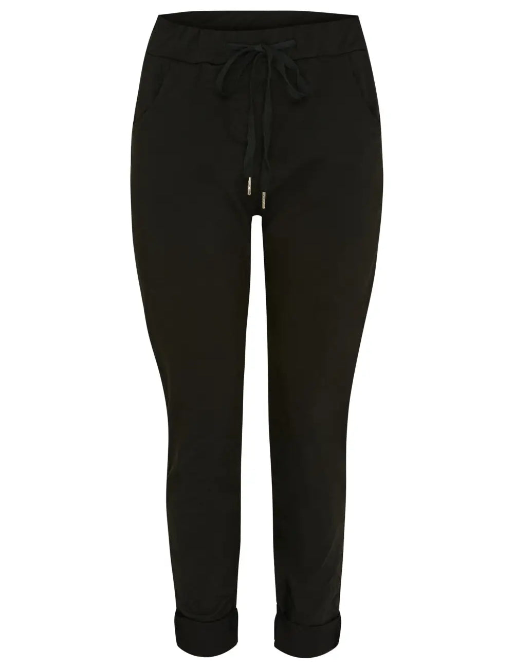 Mustat rennot stretch-housut korkealla vyötäröllä, joustava materiaali, kapeneva lahje ja käytännölliset taskut arkeen.