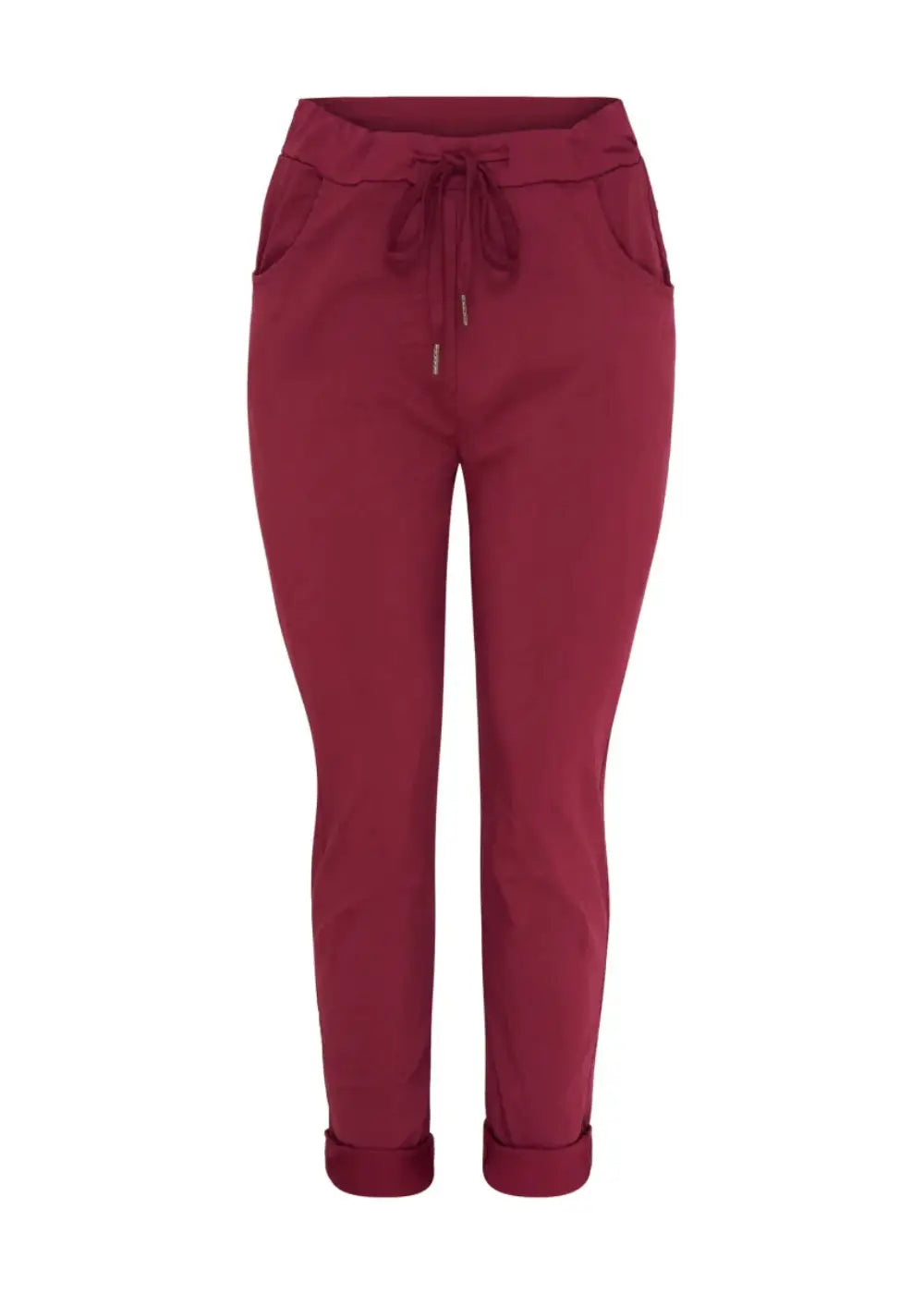 Violetinpunaiset rennot stretch-housut korkealla vyötäröllä, joustava materiaali, kapeneva lahje ja käytännölliset taskut arkeen.