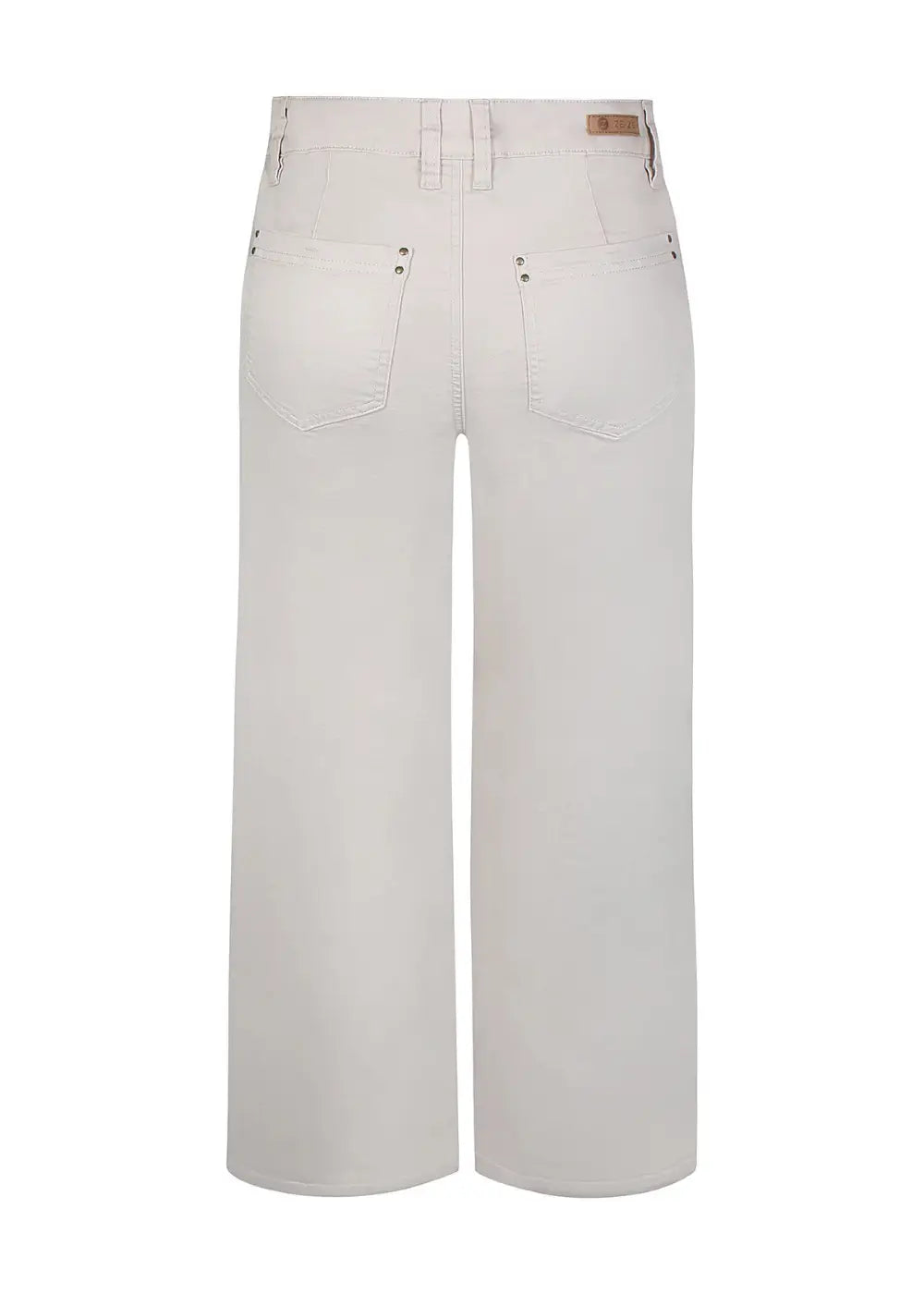 Haalean beiget stretch-housut, leveät lahkeet, korkea vyötärö, edessä vetoketju ja nappi sekä taskut edessä ja takana