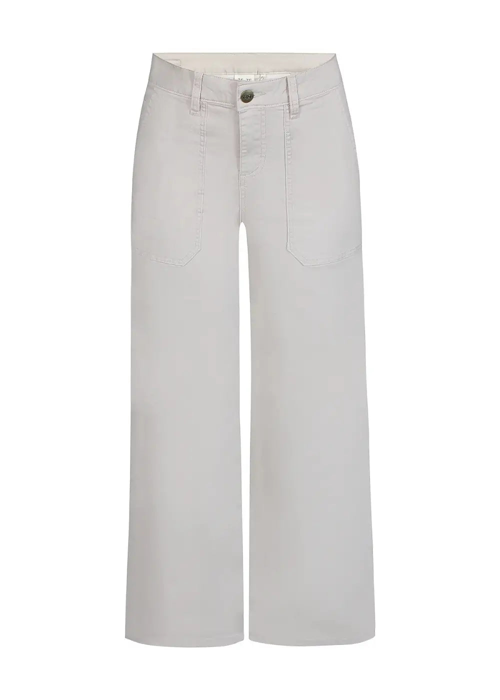 Haalean beiget stretch-housut, leveät lahkeet, korkea vyötärö, edessä vetoketju ja nappi sekä taskut edessä ja takana