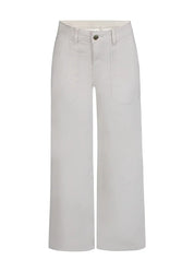 Haalean beiget stretch-housut, leveät lahkeet, korkea vyötärö, edessä vetoketju ja nappi sekä taskut edessä ja takana