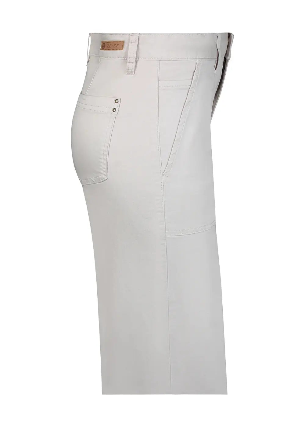 Haalean beiget stretch-housut, leveät lahkeet, korkea vyötärö, edessä vetoketju ja nappi sekä taskut edessä ja takana