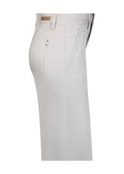 Haalean beiget stretch-housut, leveät lahkeet, korkea vyötärö, edessä vetoketju ja nappi sekä taskut edessä ja takana