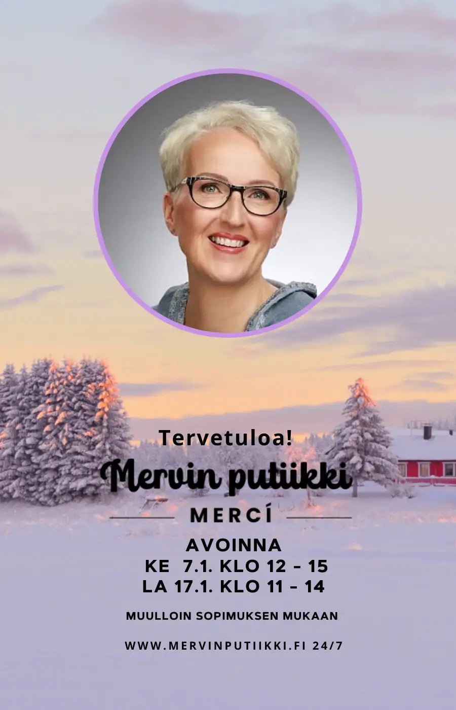 Hymyilevä nainen lyhyillä valkoisilla hiuksilla ja mustareunaisilla silmälaseilla, yllään farkkutakki.