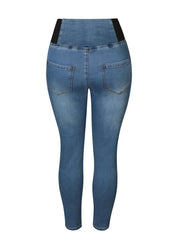 Keskisiniset jegginsit naisille, korkea vyötärö, joustava kuminauha, valetaskut edessä, takataskut, mukavat arkeen.