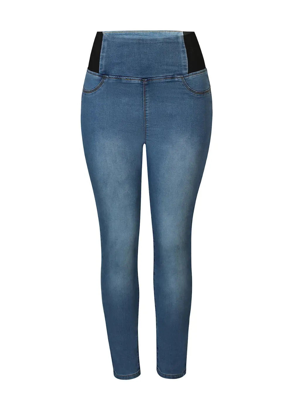 Keskisiniset jegginsit naisille, korkea vyötärö, joustava kuminauha, valetaskut edessä, takataskut, mukavat arkeen.