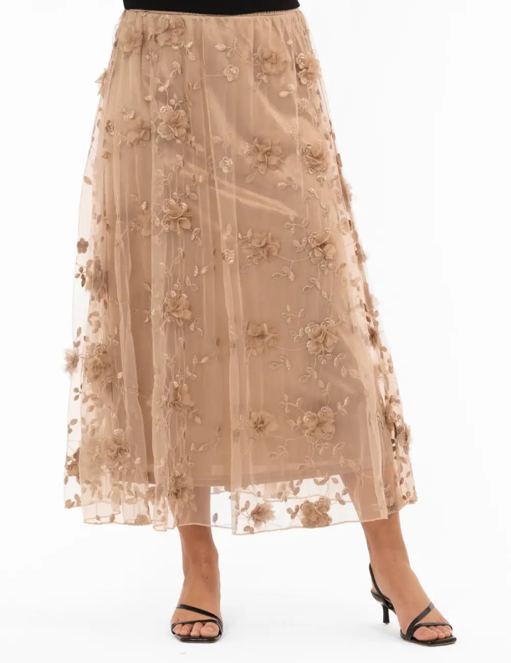 Pitkä juhlahame läpinäkyvästä mesh-kankaasta, kohokukkakoristeet ja köynnöskirjailut, A-linjainen, joustava alushame, kuminauhavyötärö, romanttinen kullansävy